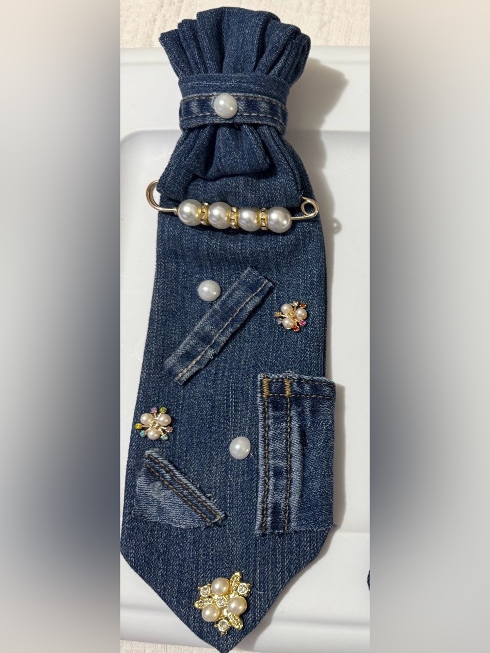 Pearl & Gold Accent Denim Junk Tie